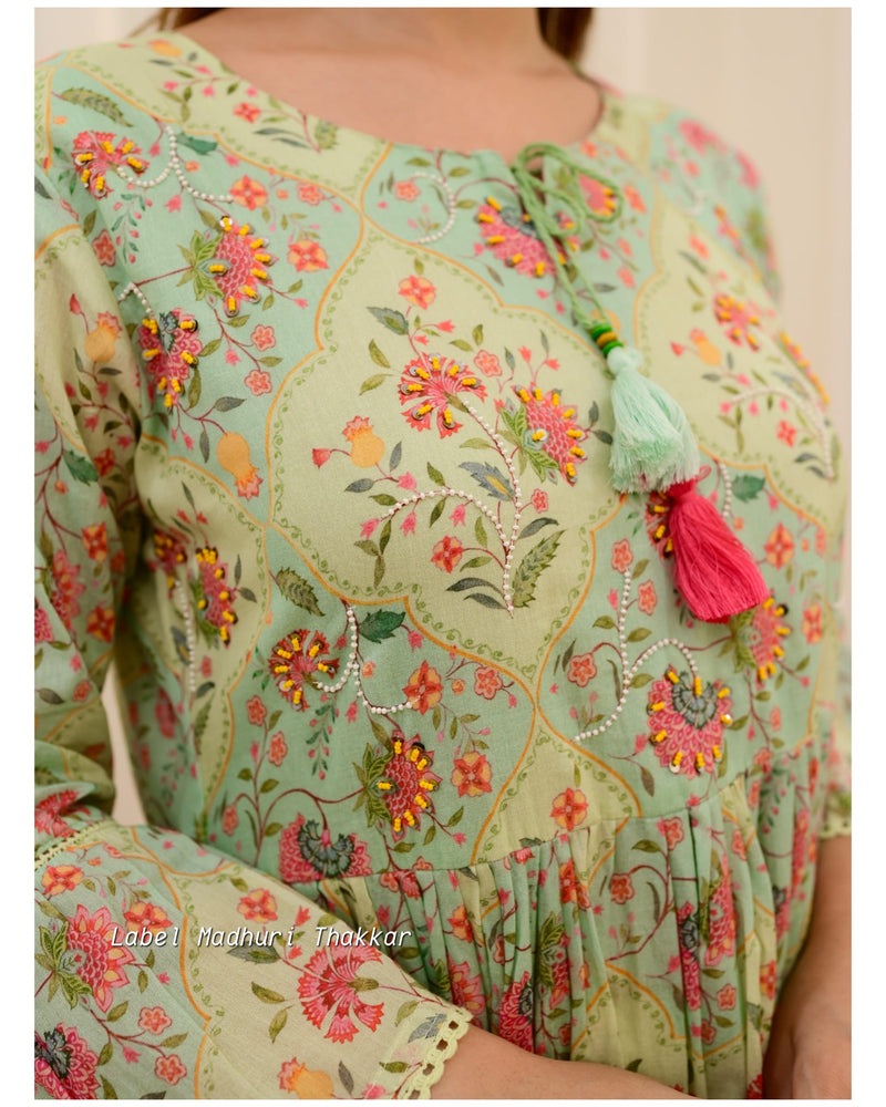 Green-Pink Floral Mul Cotton Embroidered Suit