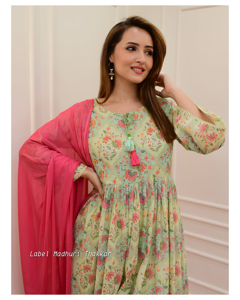 Green-Pink Floral Mul Cotton Embroidered Suit