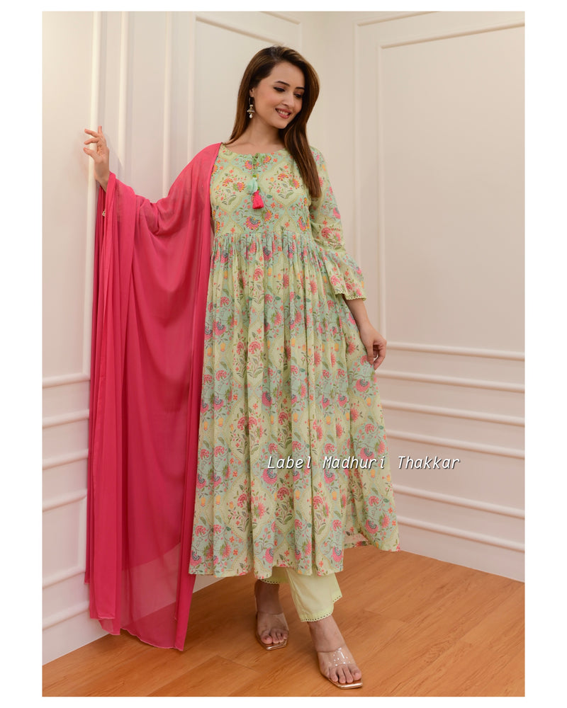 Green-Pink Floral Mul Cotton Embroidered Suit