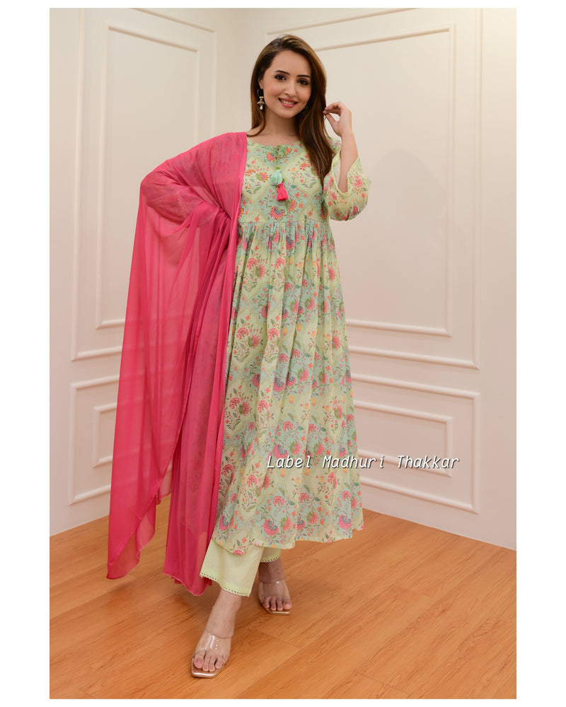 Green-Pink Floral Mul Cotton Embroidered Suit