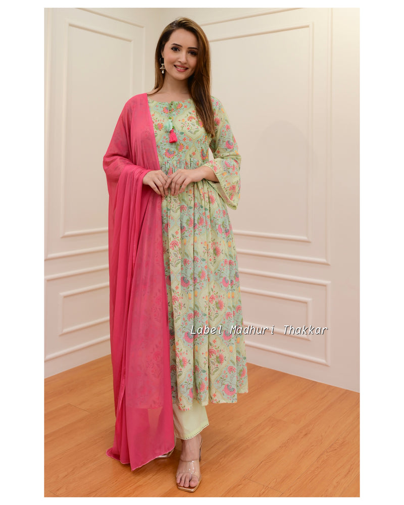 Green-Pink Floral Mul Cotton Embroidered Suit