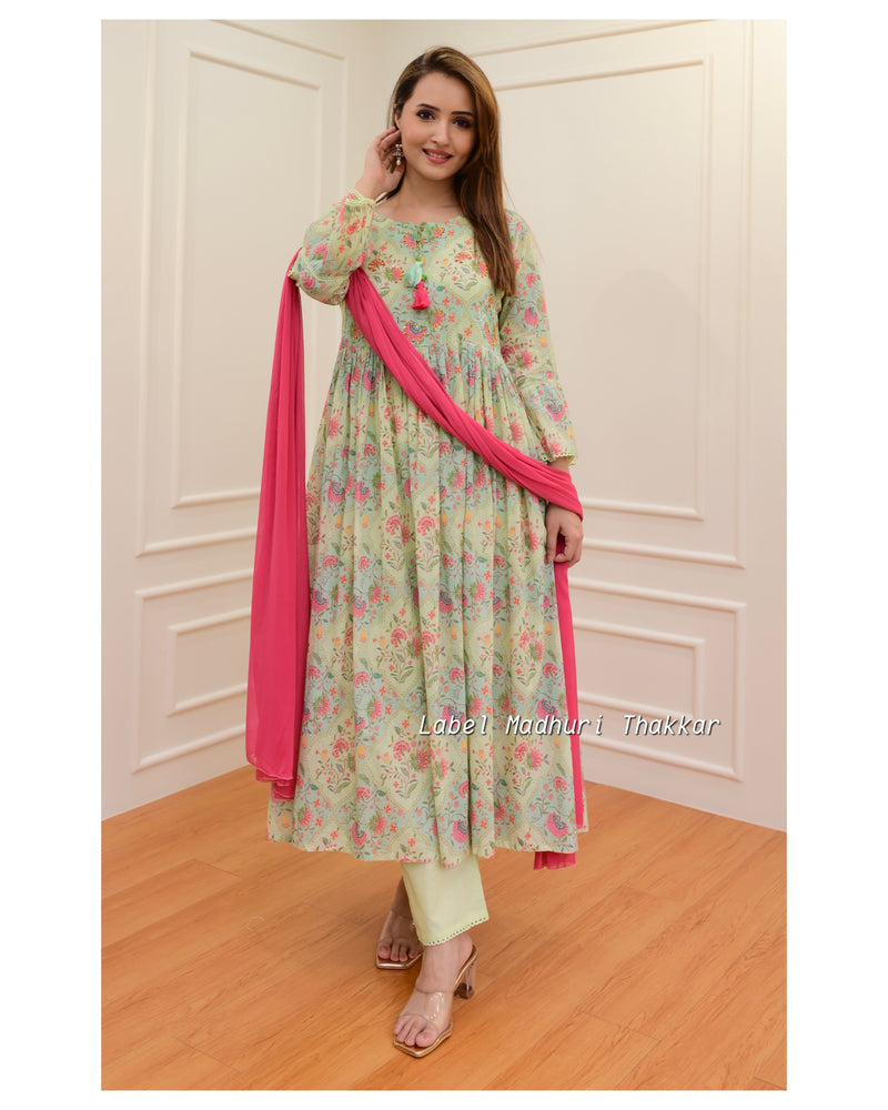 Green-Pink Floral Mul Cotton Embroidered Suit