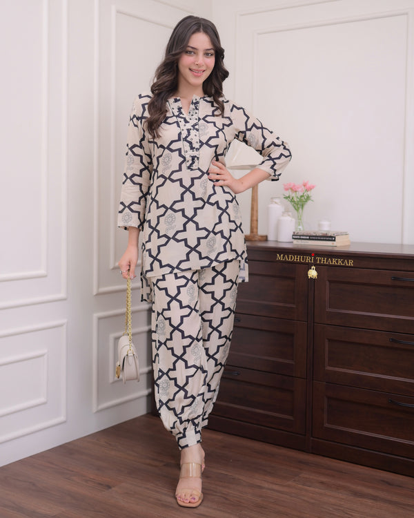 Ivory-Black Handwork Muslin Tulip Co-ord