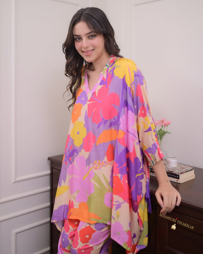 Lilac Floral Muslin Kaftan Co-ord