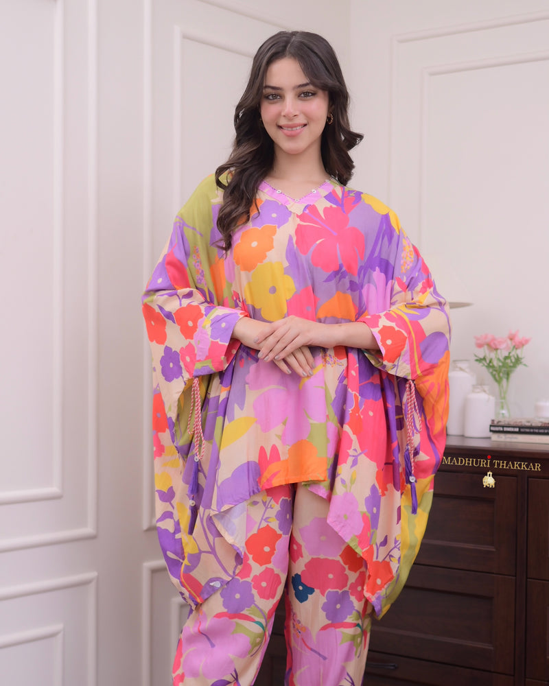 Lilac Floral Muslin Kaftan Co-ord