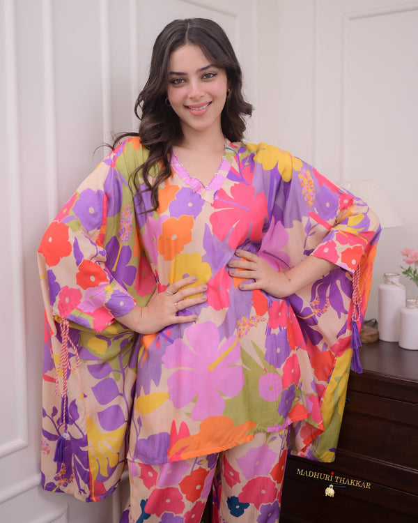 Lilac Floral Muslin Kaftan Co-ord