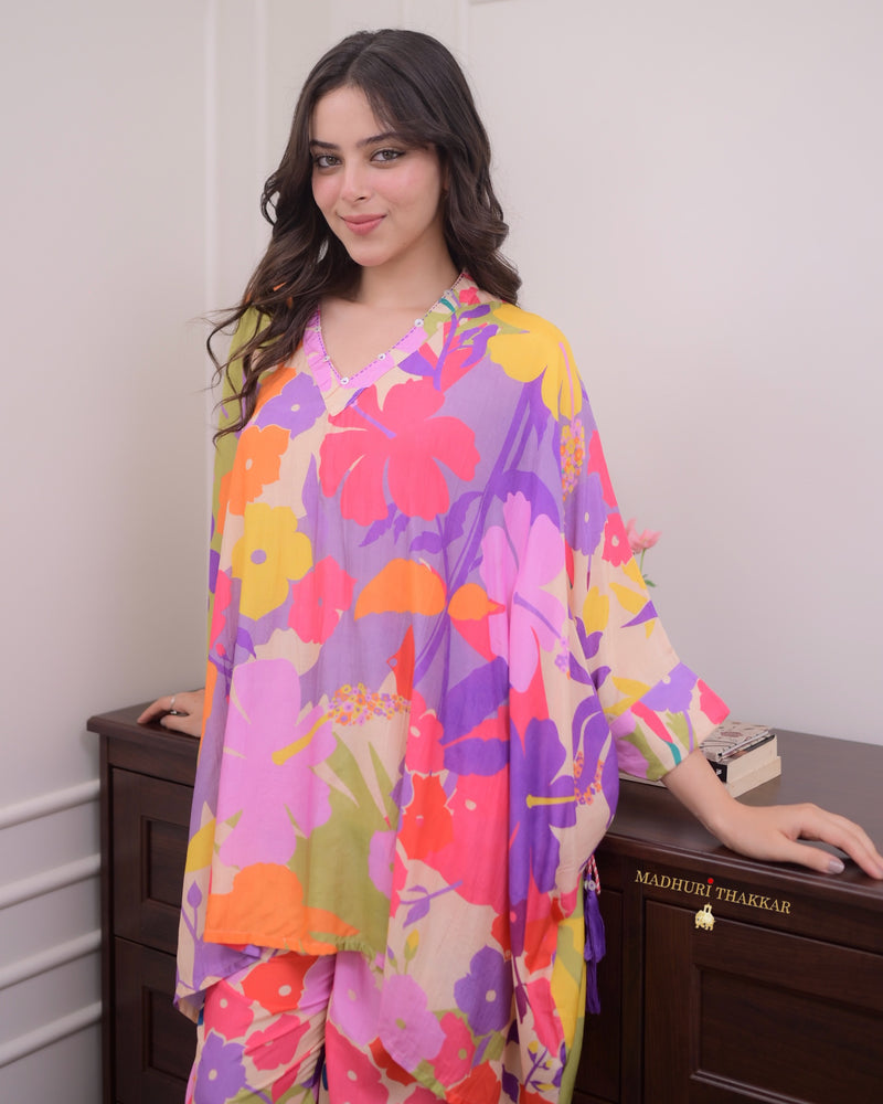 Lilac Floral Muslin Kaftan Co-ord