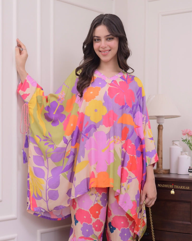 Lilac Floral Muslin Kaftan Co-ord