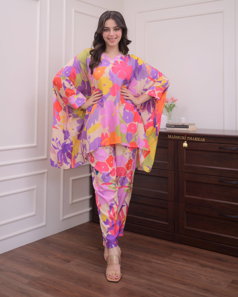 Lilac Floral Muslin Kaftan Co-ord