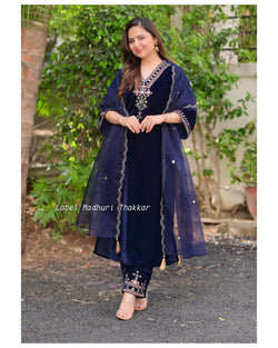 Navy Blue Mirror Work Velvet Suit