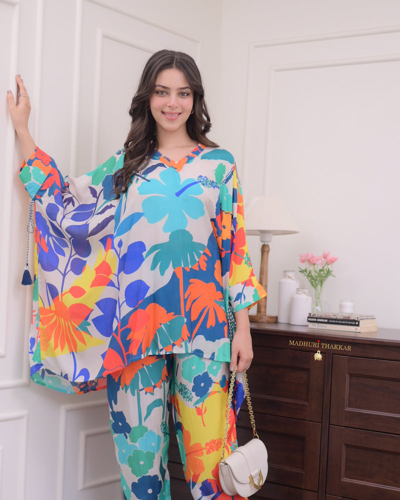 Turquoise Floral Muslin Kaftan Co-ord