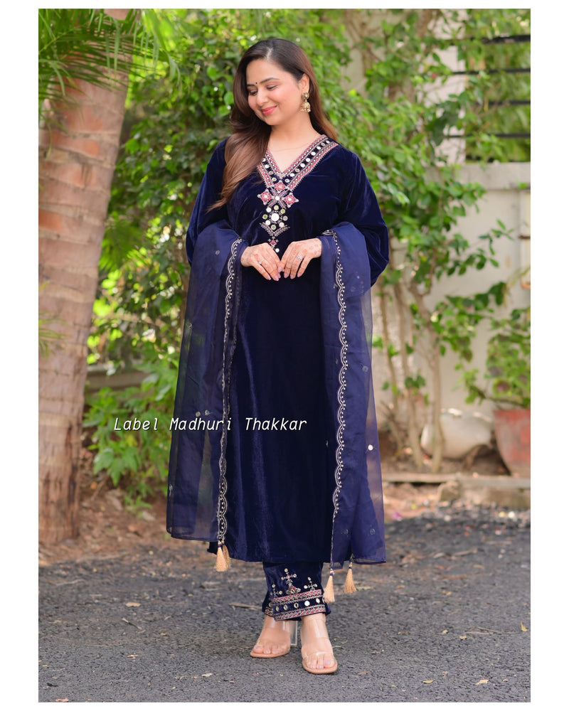 Navy Blue Mirror Work Velvet Suit