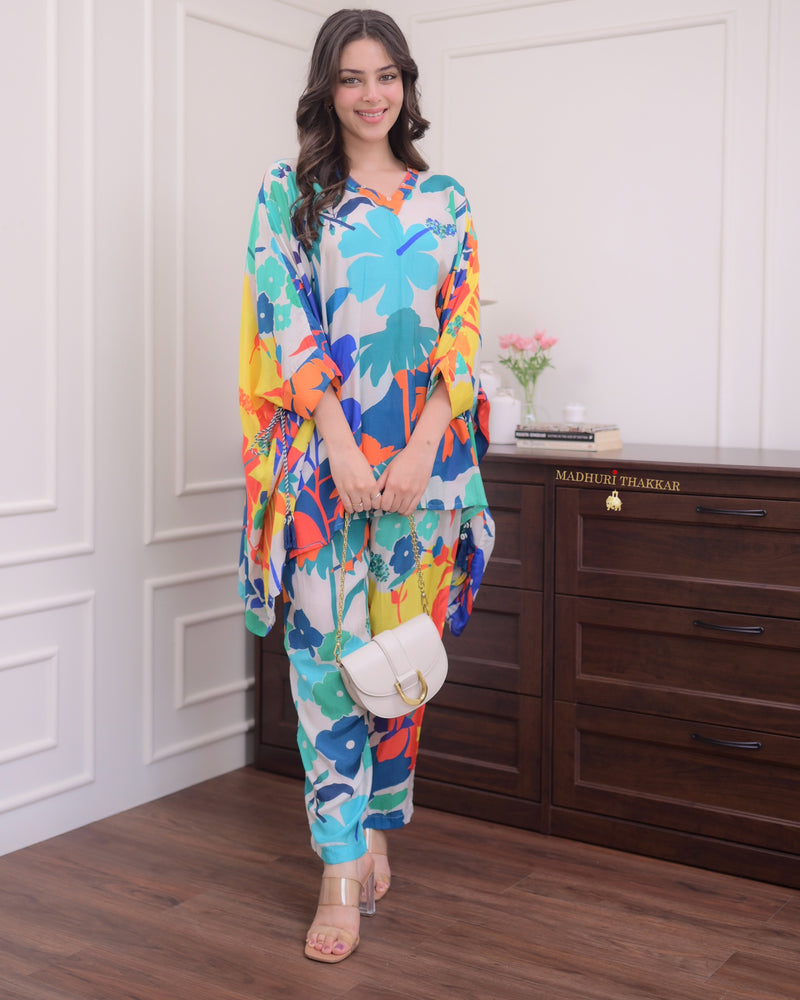 Turquoise Floral Muslin Kaftan Co-ord