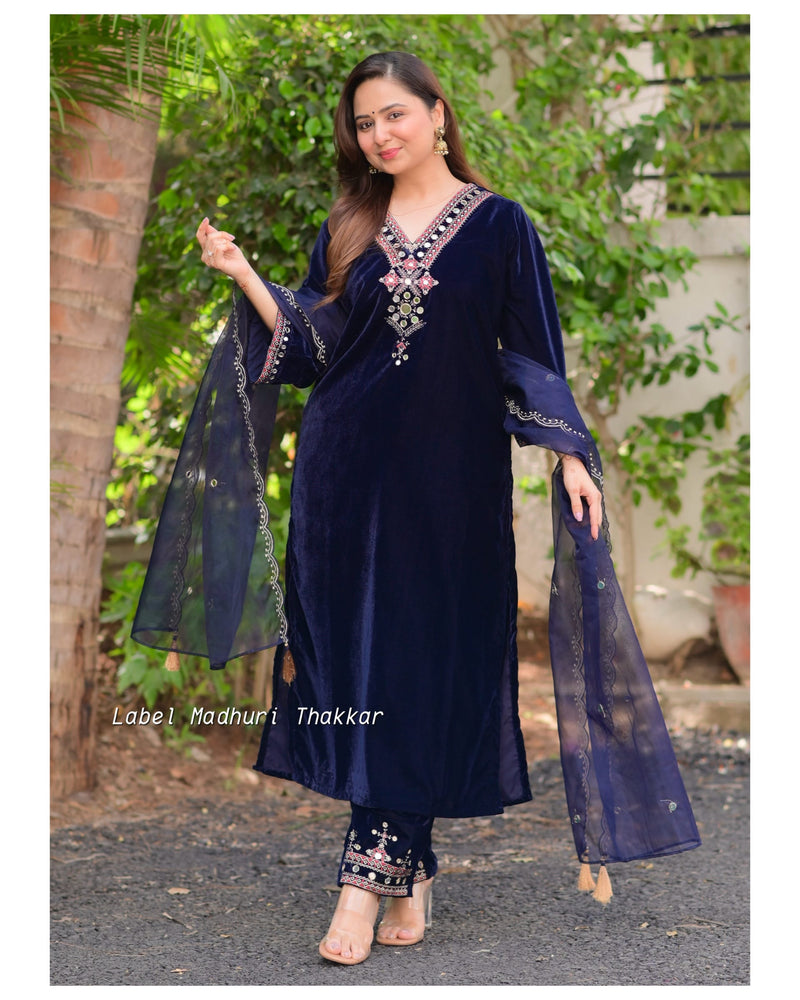 Navy Blue Mirror Work Premium Velvet Suit