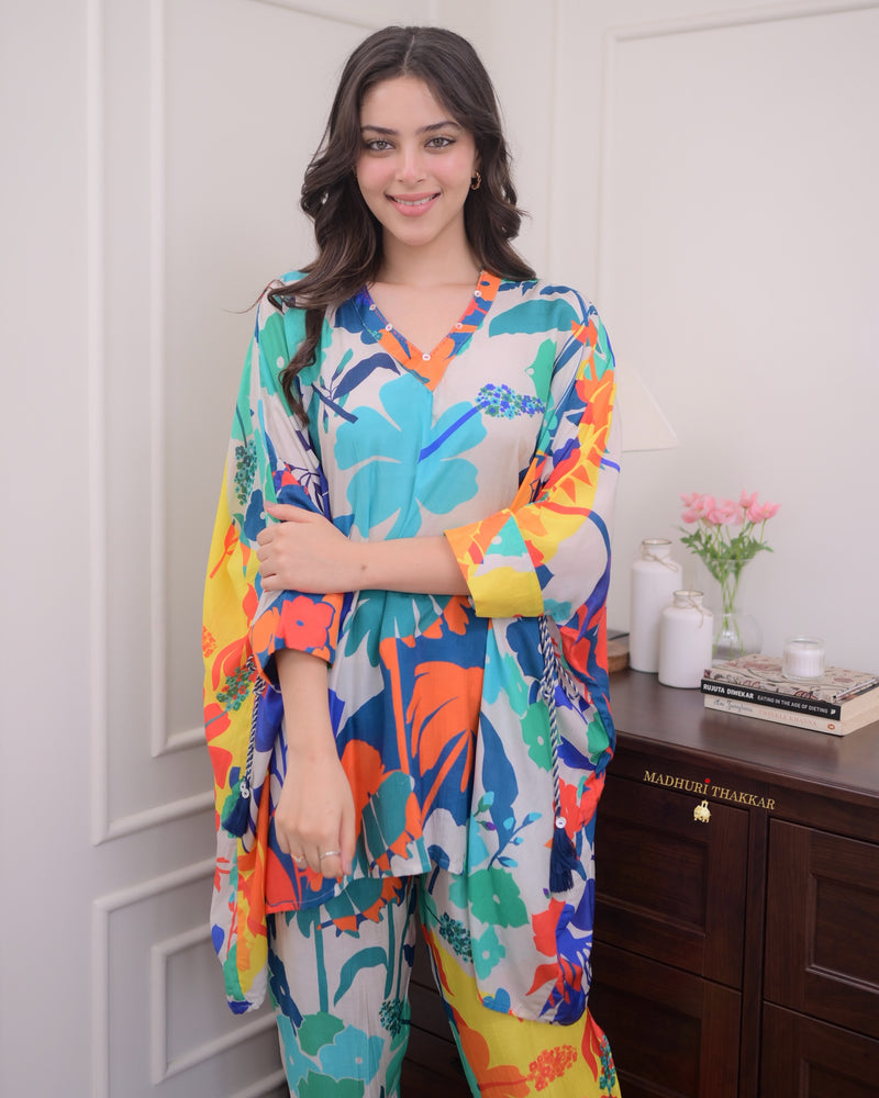 Turquoise Floral Muslin Kaftan Co-ord