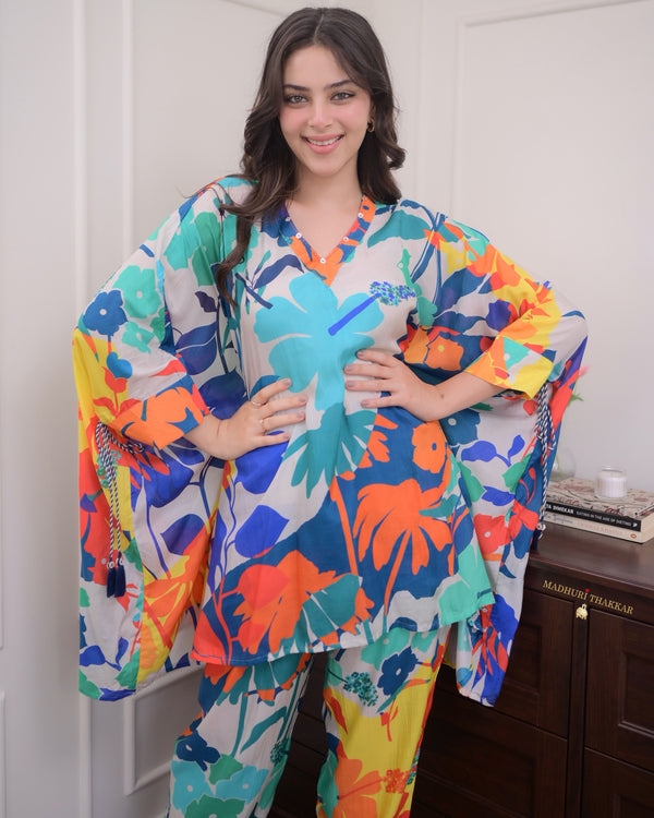 Turquoise Floral Muslin Kaftan Co-ord