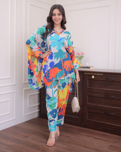 Turquoise Floral Muslin Kaftan Co-ord