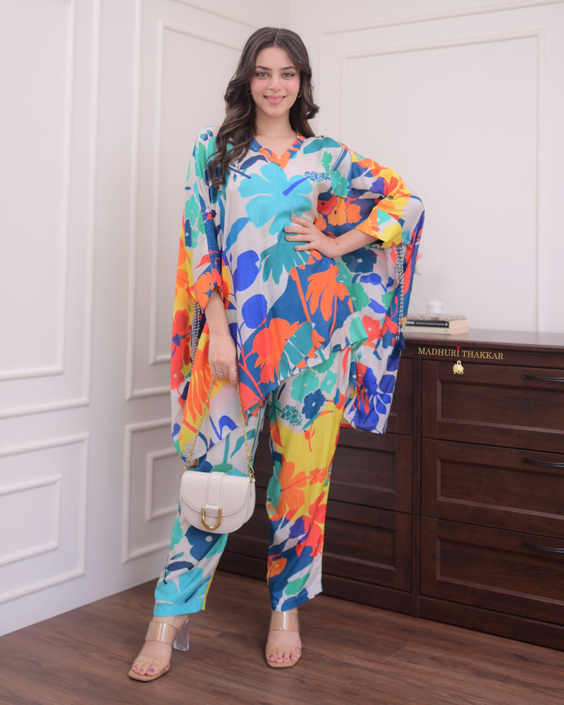 Turquoise Floral Muslin Kaftan Co-ord