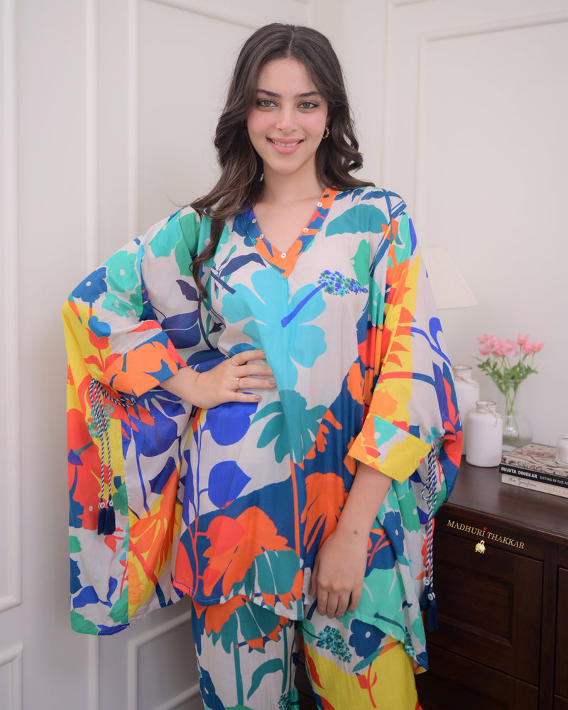 Turquoise Floral Muslin Kaftan Co-ord