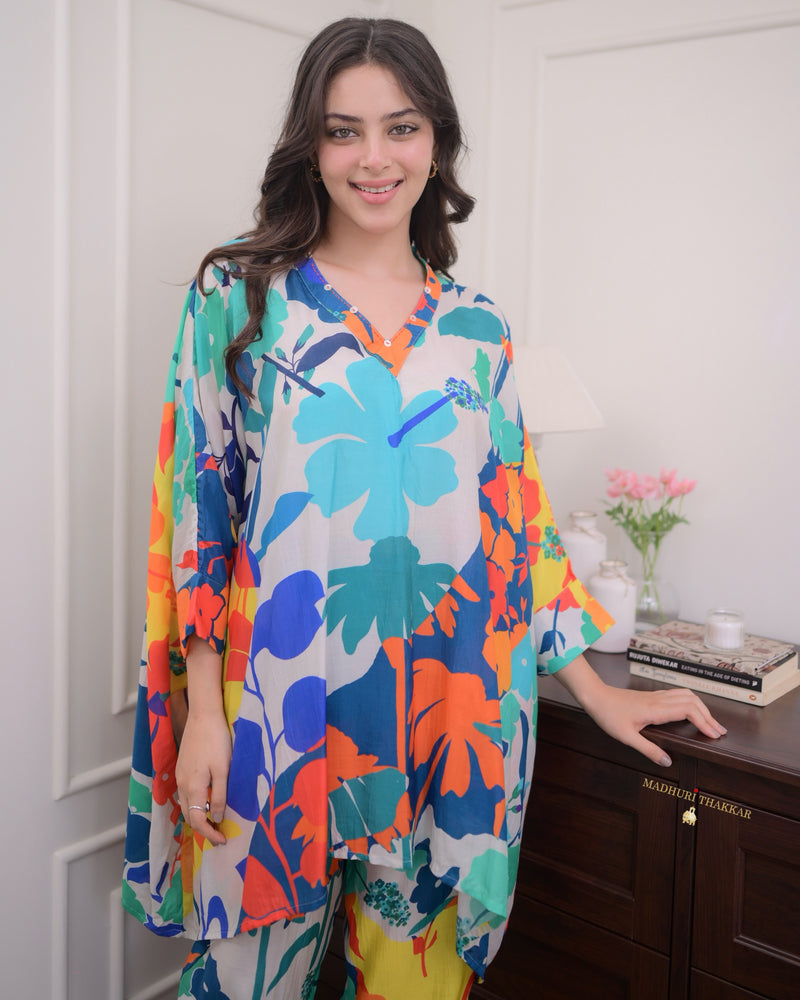 Turquoise Floral Muslin Kaftan Co-ord