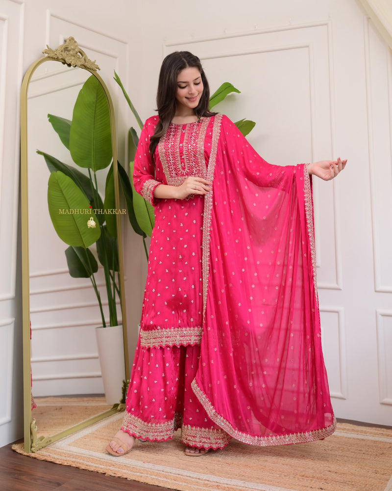 Pink Handwork Premium Chinnon Sharara Set