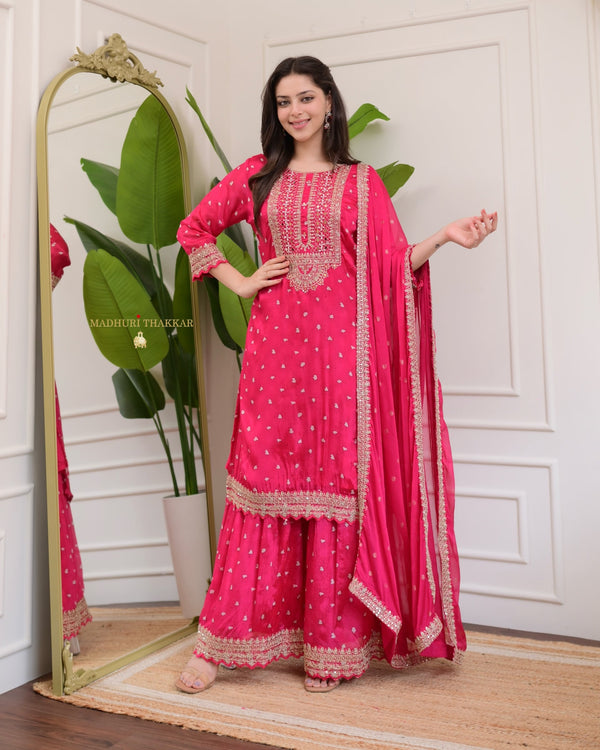 Pink Handwork Premium Chinnon Sharara Set