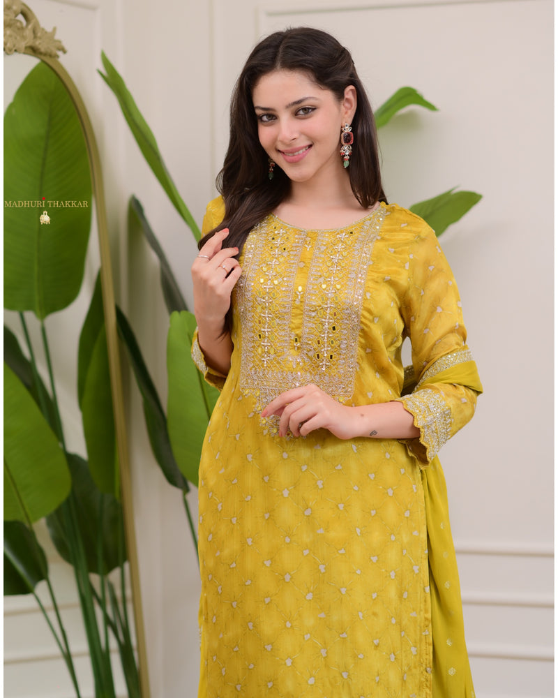 Yellow Handwork Premium Chinnon Sharara Set