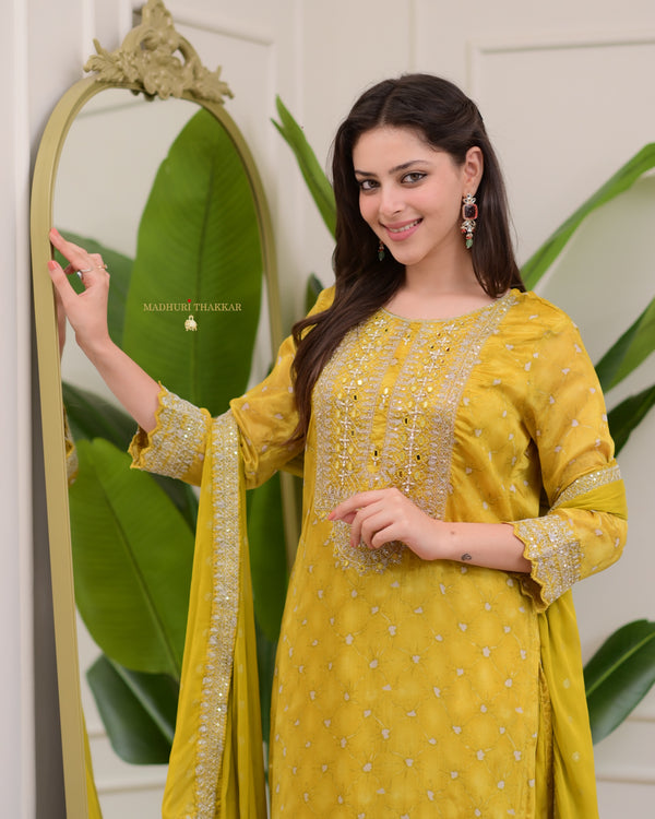 Yellow Handwork Premium Chinnon Sharara Set