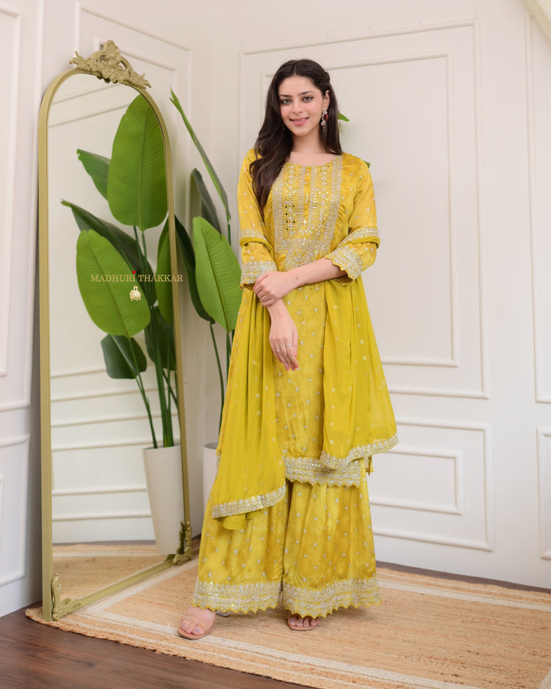 Yellow Handwork Premium Chinnon Sharara Set