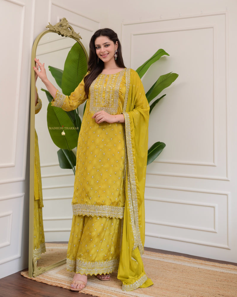 Yellow Handwork Premium Chinnon Sharara Set