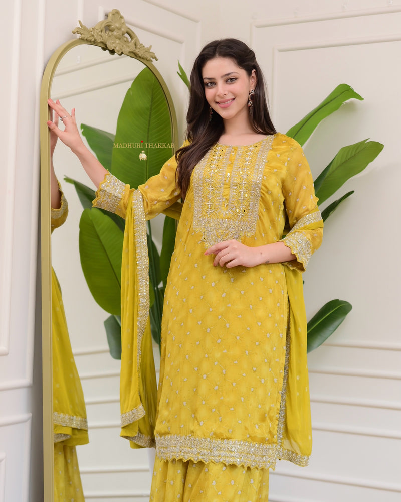 Yellow Handwork Premium Chinnon Sharara Set