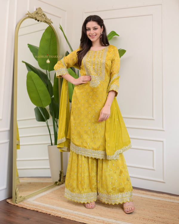 Yellow Handwork Premium Chinnon Sharara Set