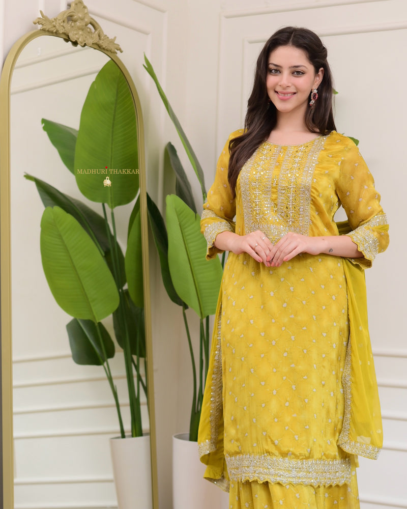 Yellow Handwork Premium Chinnon Sharara Set