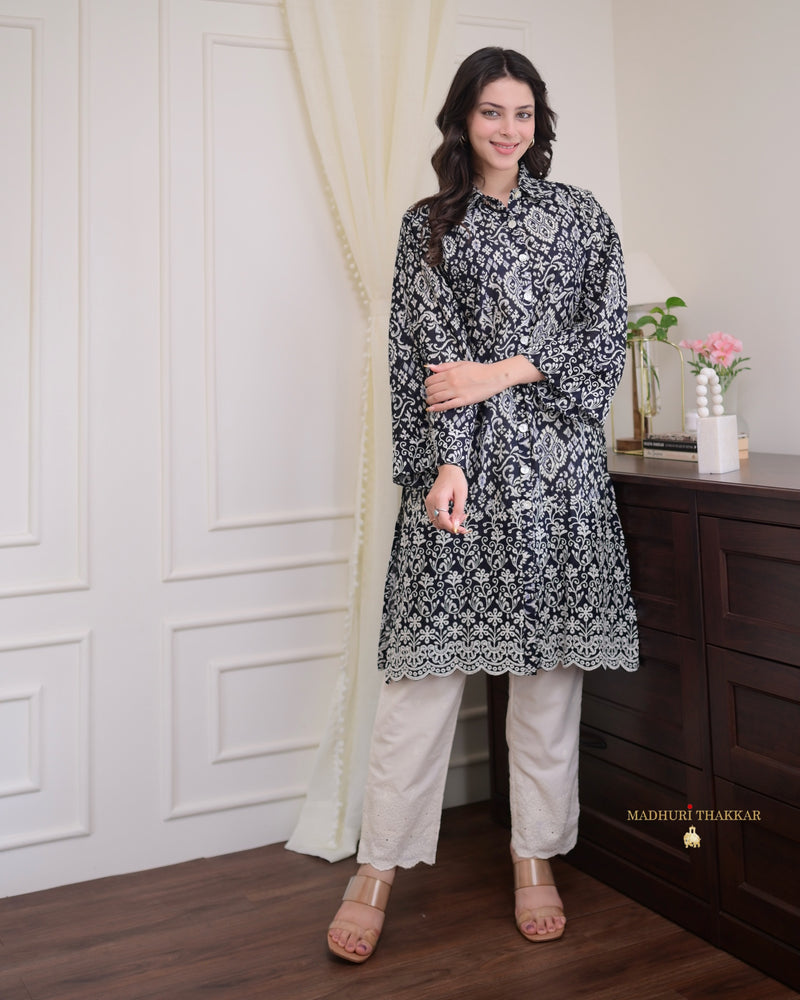 Black Schiffli Work Cotton Kurta Set