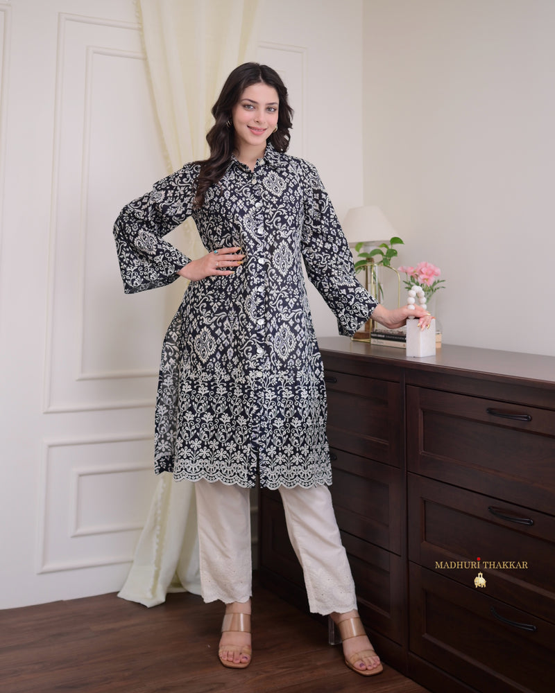 Black Schiffli Work Cotton Kurta Set