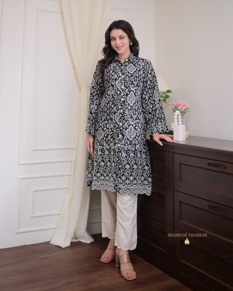 Black Schiffli Work Cotton Kurta Set