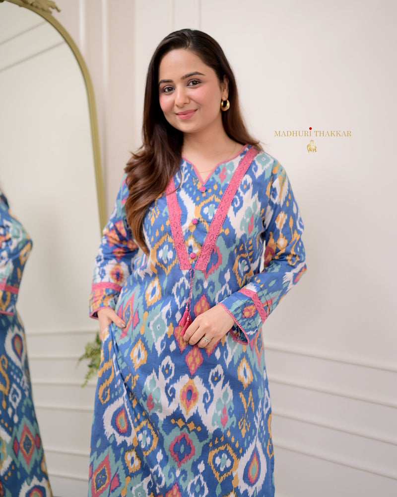 Blue Baroque Lace Cotton Kurta Set