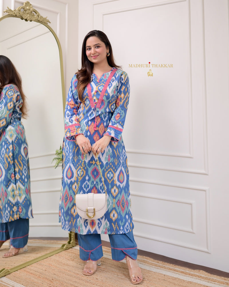 Blue Baroque Lace Cotton Kurta Set