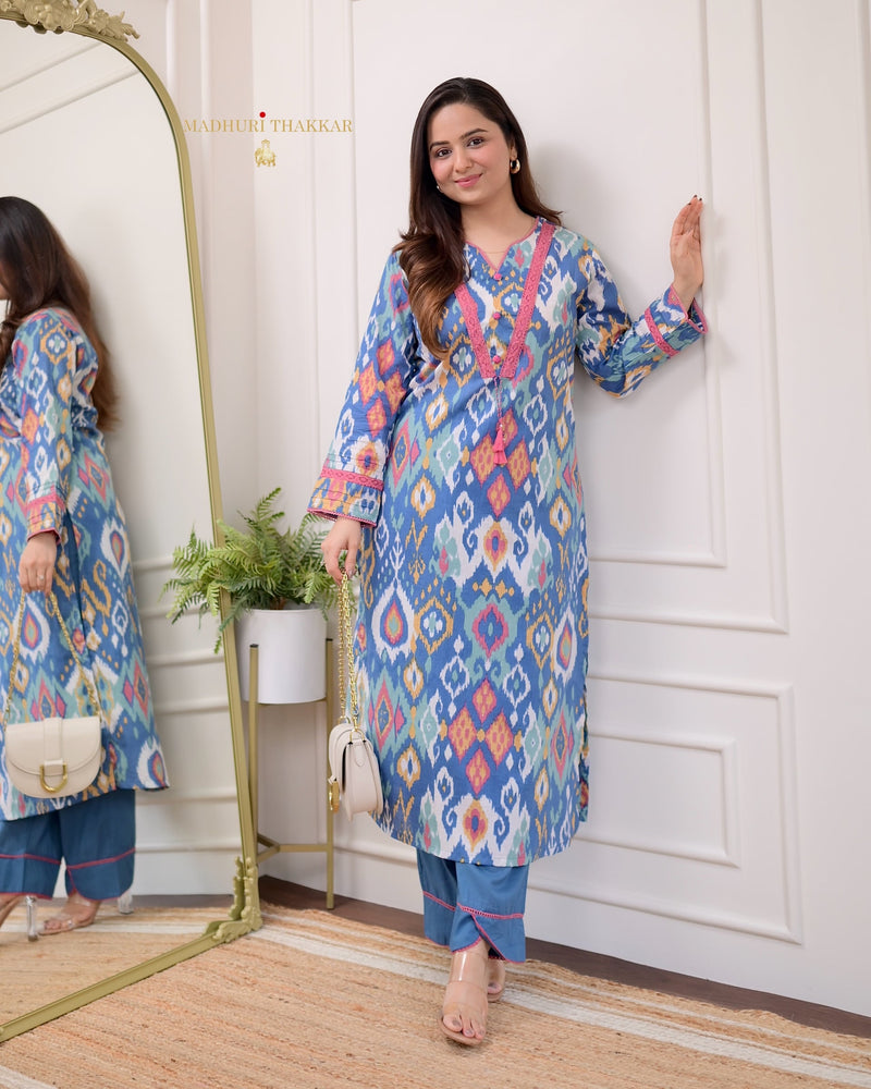 Blue Baroque Lace Cotton Kurta Set