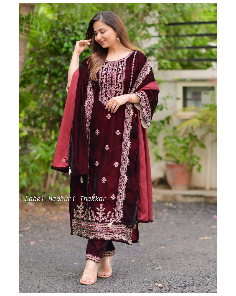 Maroon Brown Handwork Premium Velvet Suit