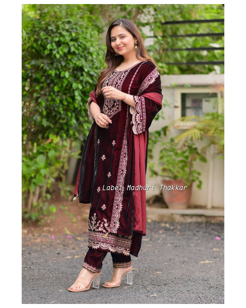 Maroon Brown Handwork Premium Velvet Suit