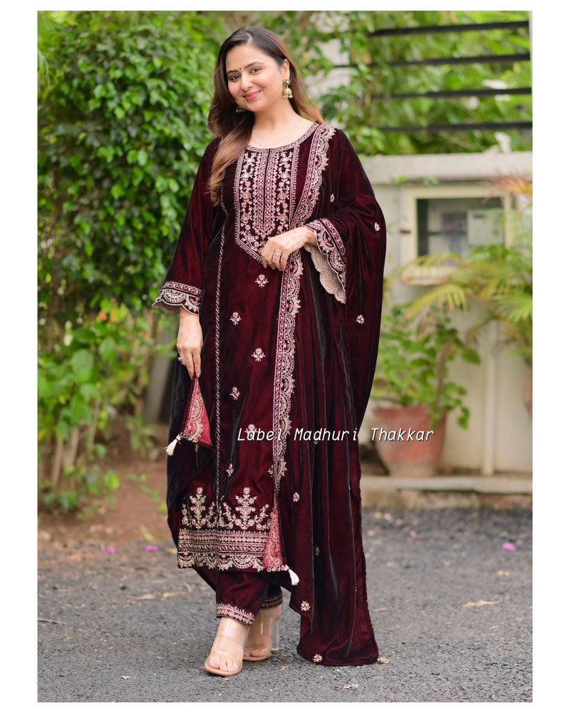 Maroon Brown Handwork Premium Velvet Suit