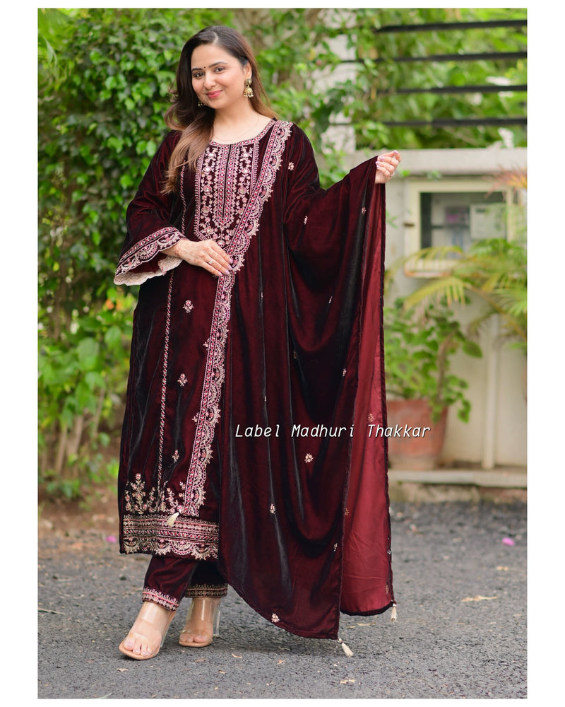 Maroon Brown Handwork Premium Velvet Suit