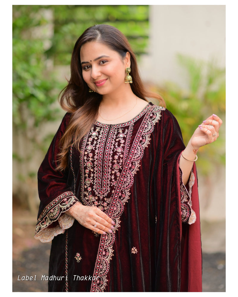 Maroon Brown Handwork Premium Velvet Suit