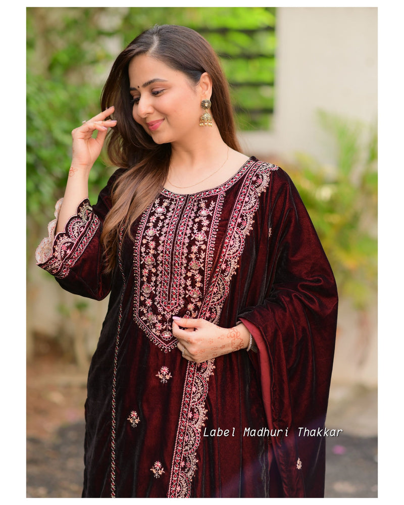 Maroon Brown Handwork Premium Velvet Suit