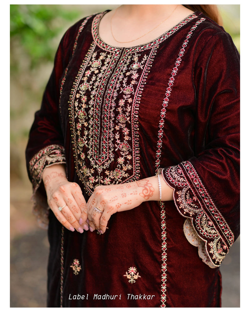 Maroon Brown Handwork Premium Velvet Suit