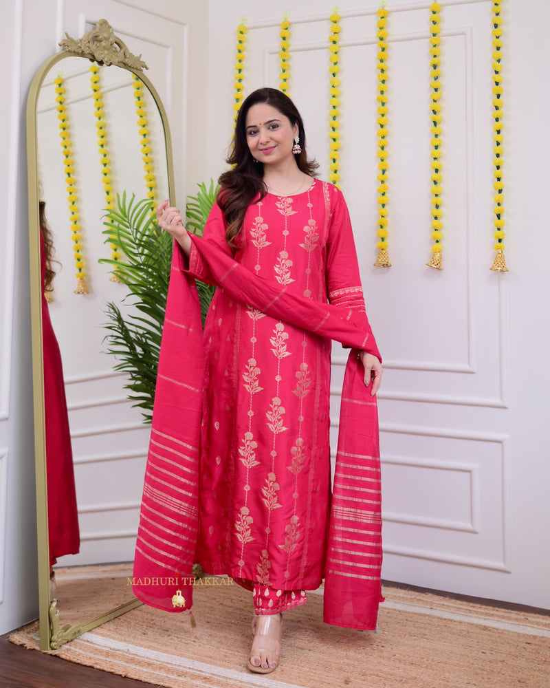 Rani Pink Silk Jacquard Festive Suit Set