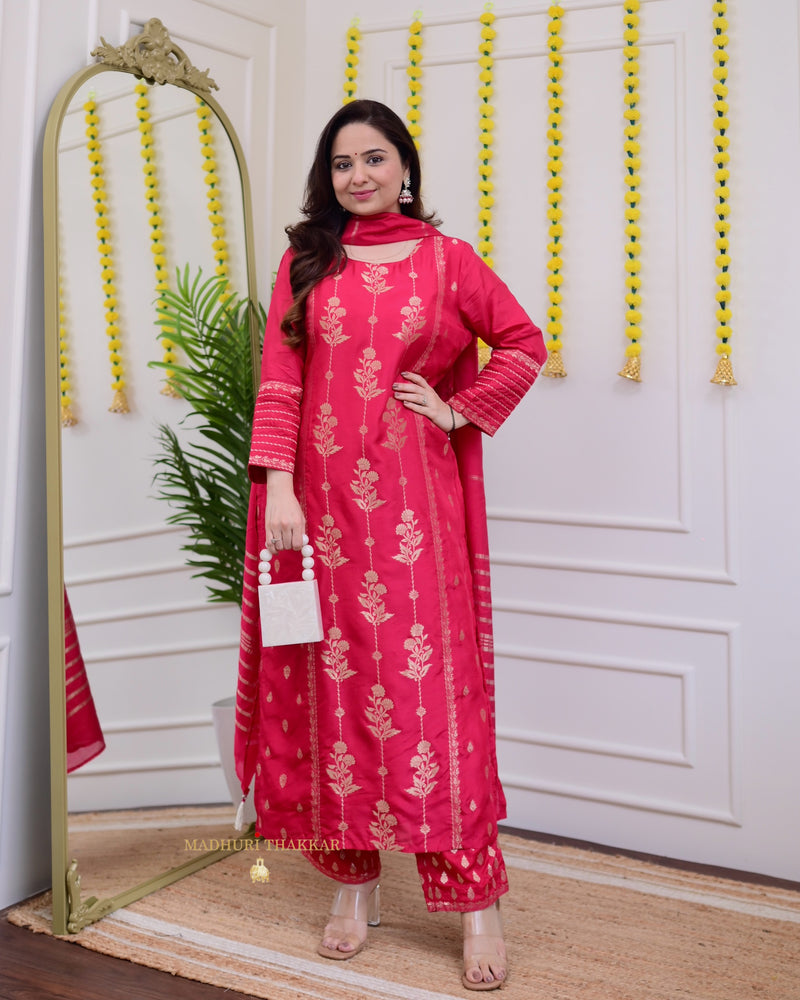 Rani Pink Silk Jacquard Festive Suit Set