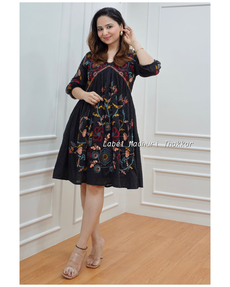 Black Floral Threadwork Dress