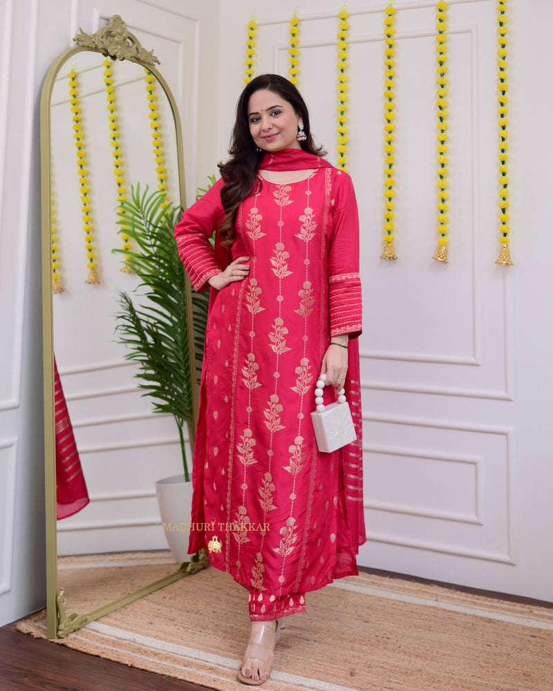 Rani Pink Silk Jacquard Festive Suit Set